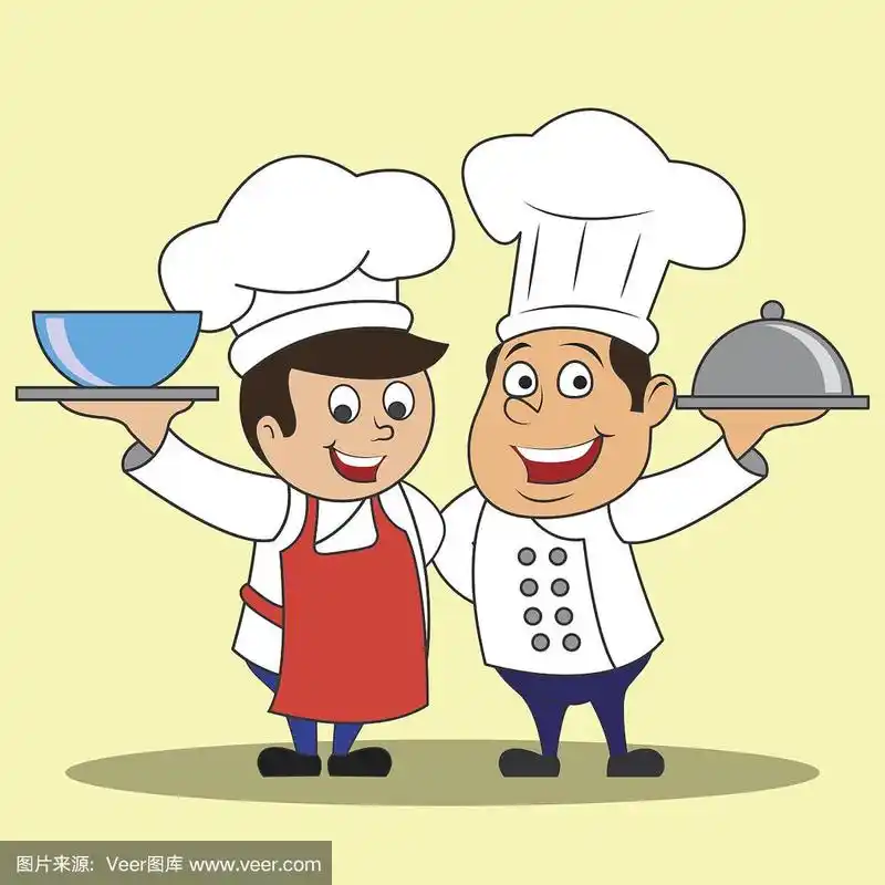 戴着帽子的厨师们拿着盘子准备上桌.卡通人物.矢量图