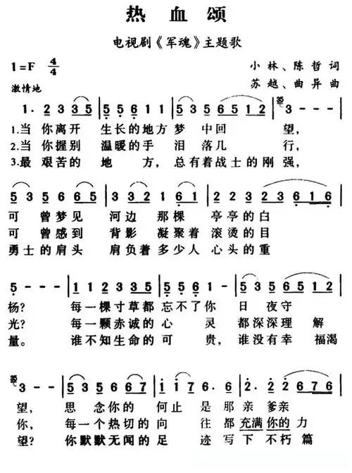 热血颂(电视剧《军魂》主题曲)简谱歌词