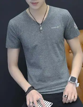 男士短袖t恤丅v领薄款上衣服男装夏装潮流半袖2018新款体桖衫 qy629深