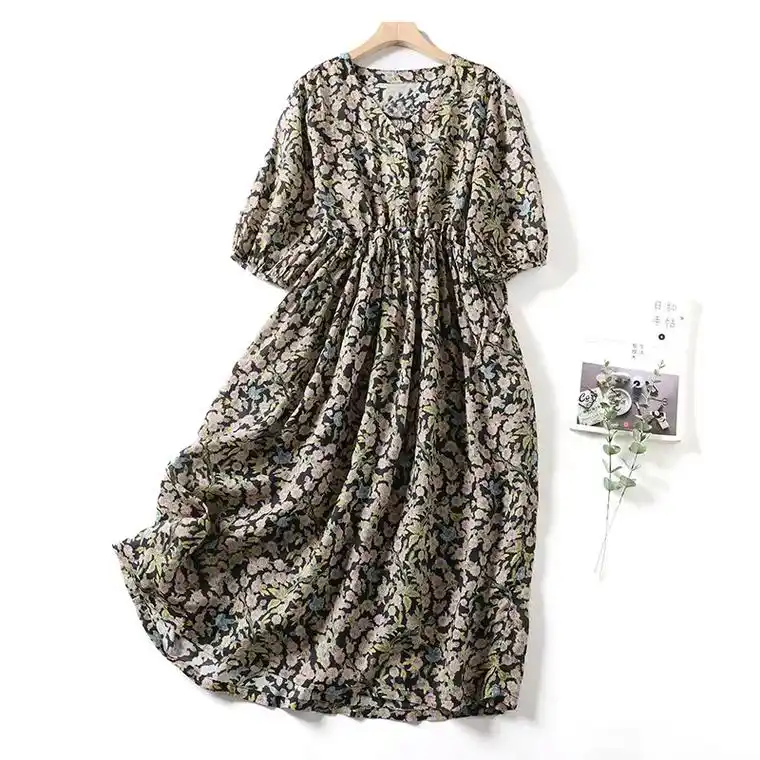 中袖棉麻连衣裙中长款过膝花色长裙子夏.40 或将近40的女人 - 抖音