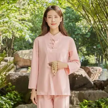 佛教女式居士服女夏佛系棉麻套装素衣禅意海青服大码宽松盘扣修行打坐