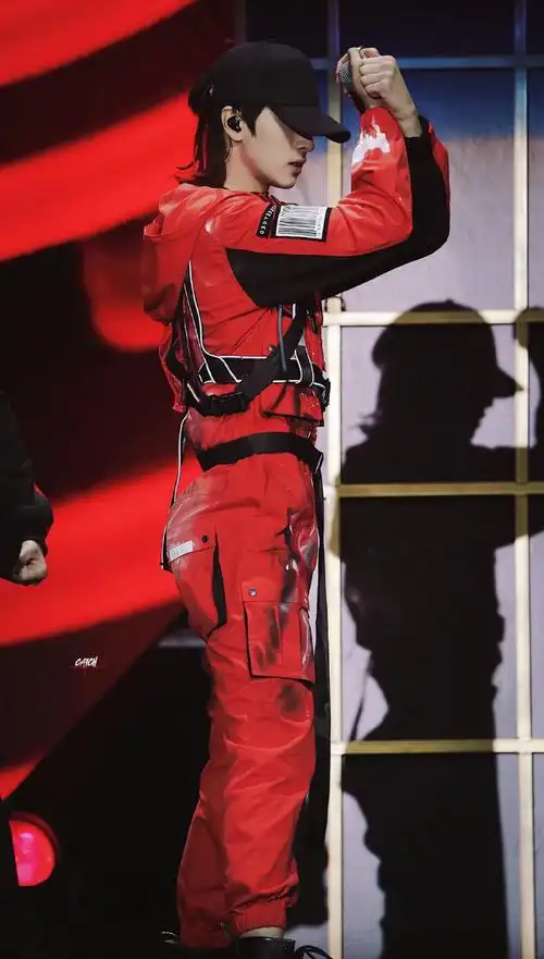 黑色上衣77红色工装裤,还有裤子上的裤链,严浩翔真的好适合红色!