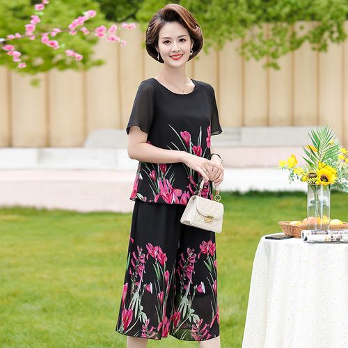 2021夏季新款中老年女装妈妈装雪纺套装上衣t恤衫阔腿裤裙两件套