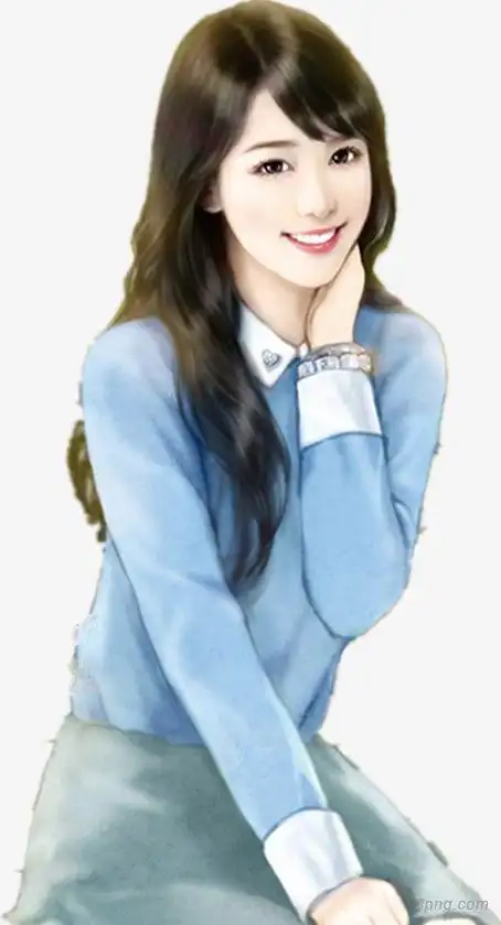 手绘蓝色衣服美女png素材透明免抠图片-动植人物