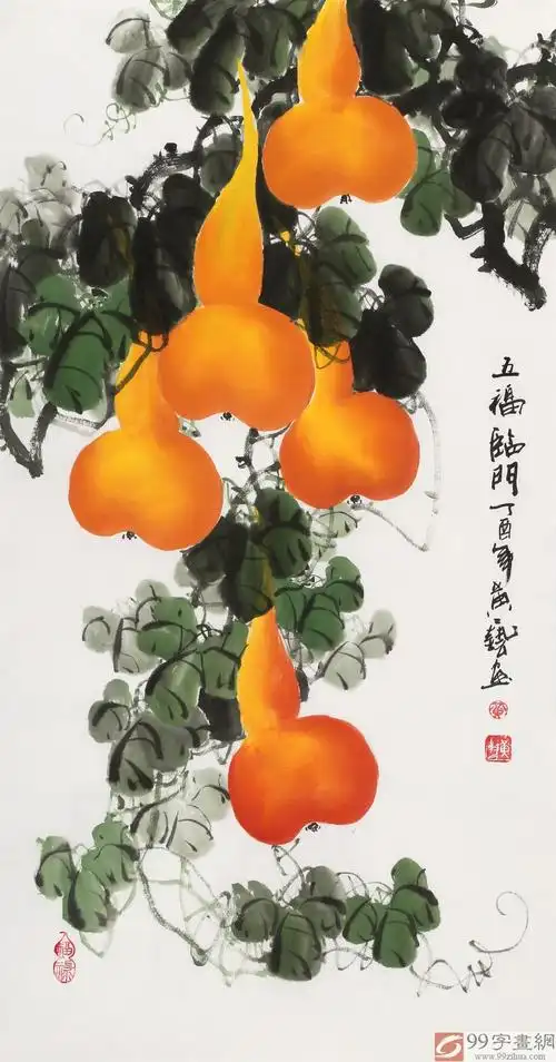 【已售】黄艺三尺招财辟邪葫芦画《五福临门》