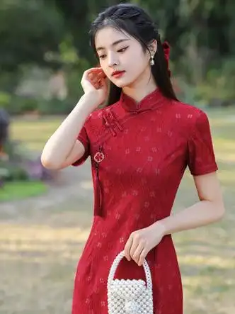 恒源祥高考送考红色旗袍女2023年新款敬酒服新娘短袖改良年轻款夏中国