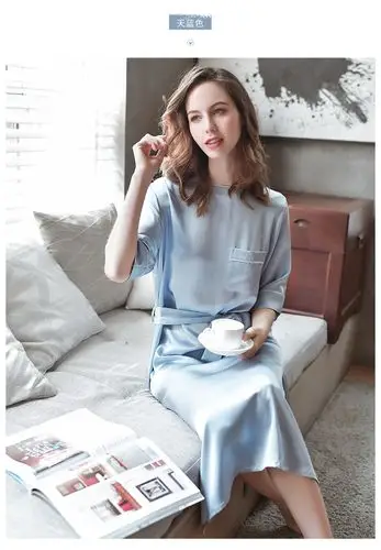 比雅缇莎品牌 纯色长款中袖真丝睡裙女夏季系带桑蚕丝睡裙真丝睡衣 天