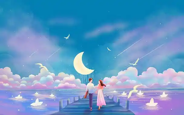 唯美梦幻七夕情人节情侣相会海边星空插画海报背景七夕插画