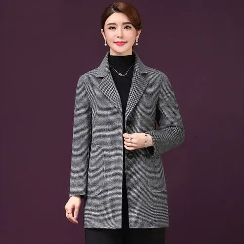 中老年人洋气双面呢子大衣女装羊毛外套秋冬季小格子毛呢外套
