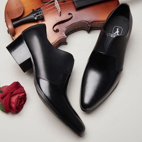 新款男士英伦小皮鞋男尖头黑色高跟鞋