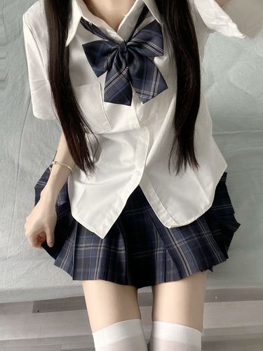 jk正版津川原创制服套装格裙校供感学院风短袖衬衫高腰百褶裙夏 飞机
