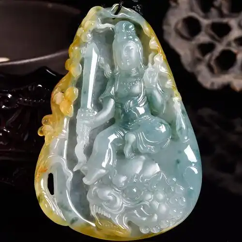 收藏老坑精雕三彩天然翡翠a货霸气文殊菩萨厚装吊坠 72.26克