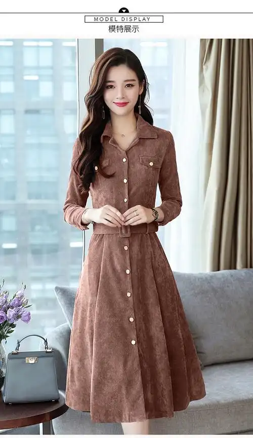 实拍2020春季新款女装休闲长袖连衣裙气质淑女韩版收腰中长款裙子 - 1