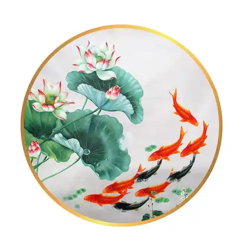 手绘油画玄关圆形挂画连年有余九鱼荷花鱼新油画