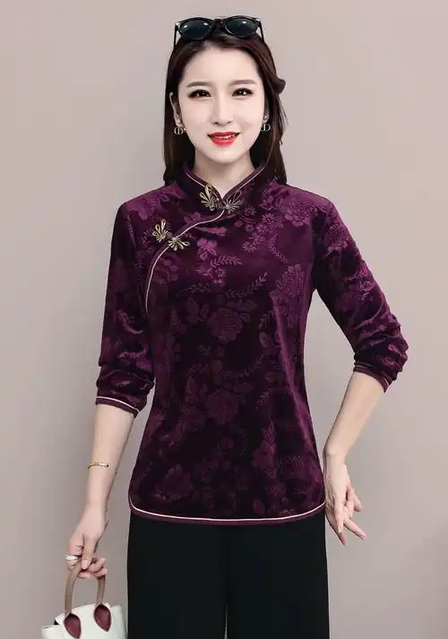 品莠春秋旗袍40岁50妈妈长袖裙子洋气质祺袍妈妈装秋冬丝绒短款文艺