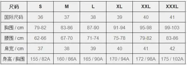 女士衣服尺码对照表