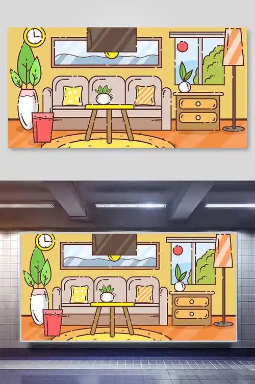 可爱手绘插画mbe风格客厅沙发场景