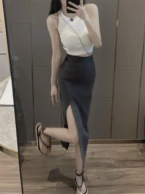 smalltuu半身裙女夏2022新款侧开叉半身长裙包臀高腰显瘦气质高级