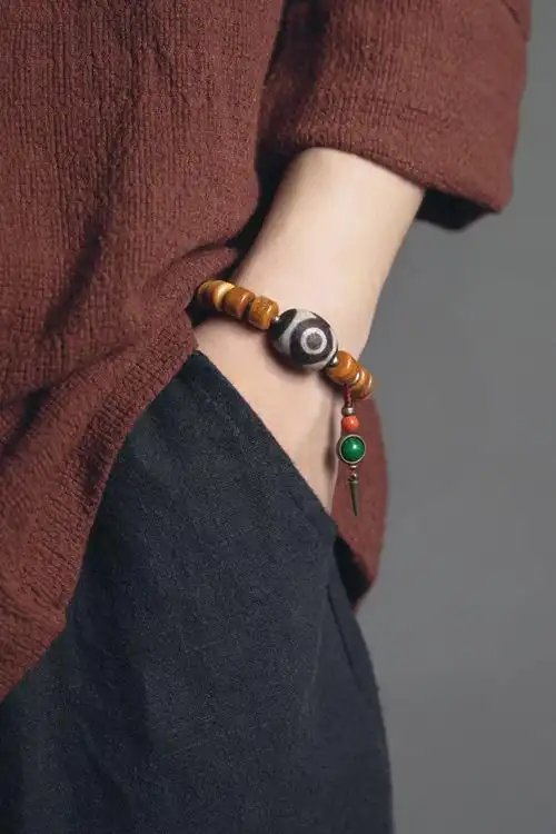 可以盘包浆的原创复古烟熏牛骨大天珠手串男士 单圈手链 把玩件个性