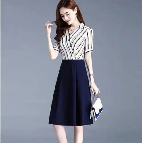 连衣裙女夏季2021年新款洋气时尚小个子气质显瘦减龄拼接条纹裙子