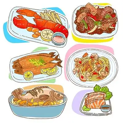 卡通风格海鲜为主角的大餐海鲜插画