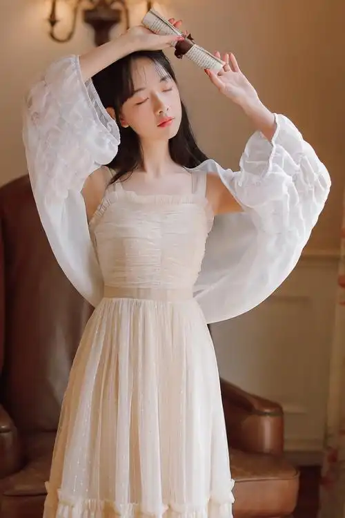 不低于99视频大图都有现货实拍法式复古网纱仙女吊带裙