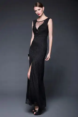 2015夏季新品 蕾丝拼接手工钉珠网纱微透视晚礼服 连衣裙w0215