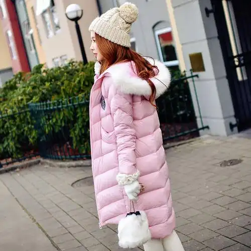 粉红大布娃娃秋冬新款女装韩版时尚保暖修身连帽中长款羽绒服外套