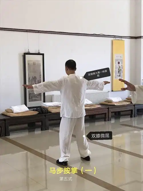 2,左右弓步推掌 3,左右虚步抱球 4,左右手挥琵琶 5,马步按掌 6,左右童