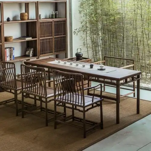 玄木新中式茶桌 会议桌禅意家具免漆老榆木茶桌仿古茶餐桌椅组合_7折