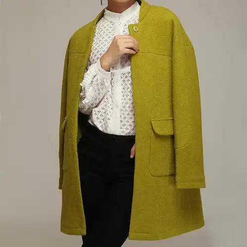 蓉蓉独家定制 欧洲站简约大牌秋香绿中长款宽松毛呢外套 呢子大衣