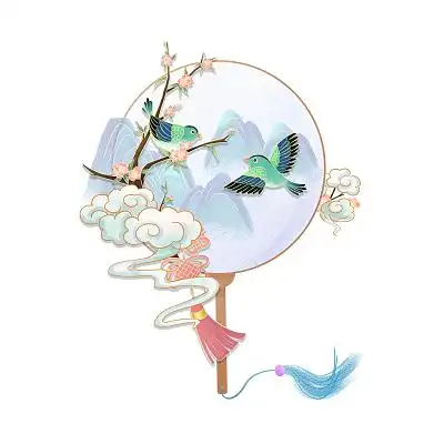 手绘古风山水花鸟扇子团扇中国风夏天png素材古风花鸟元素