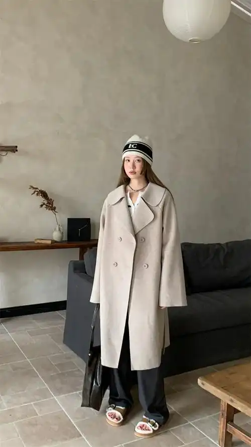 粉色毛呢外套冬装流行呢子大衣秋冬季上衣女2023年新款过膝中长版