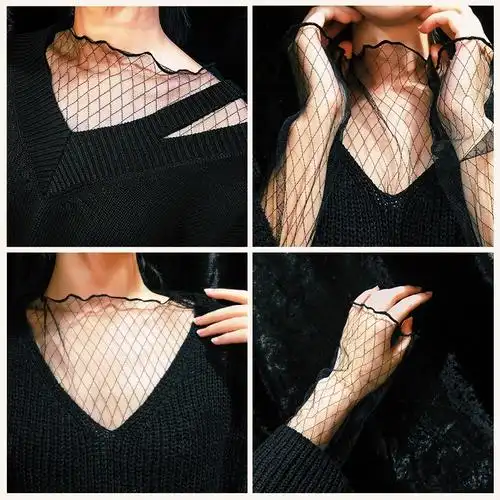 七格格透明蕾丝网纱打底衫女夏性感内搭透视渔网上衣镂空网格罩衫