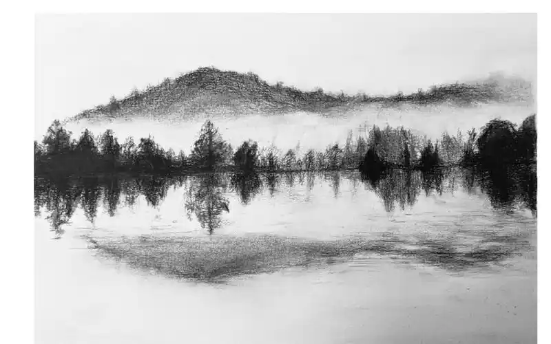 【素描】-湖面的水中倒影绘画过程