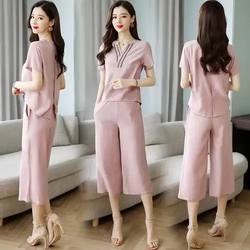 夏天七分裤套装女2020年夏季新款女装气质洋气休闲阔腿裤两件套潮