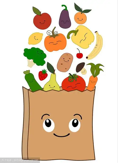 可爱的卡通杂货袋与健康快乐的食物矢量概念插图