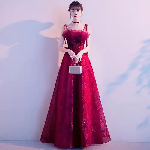 酒红色性感吊带抹胸连衣裙修身显瘦大气女王年会宴会派对晚礼服裙