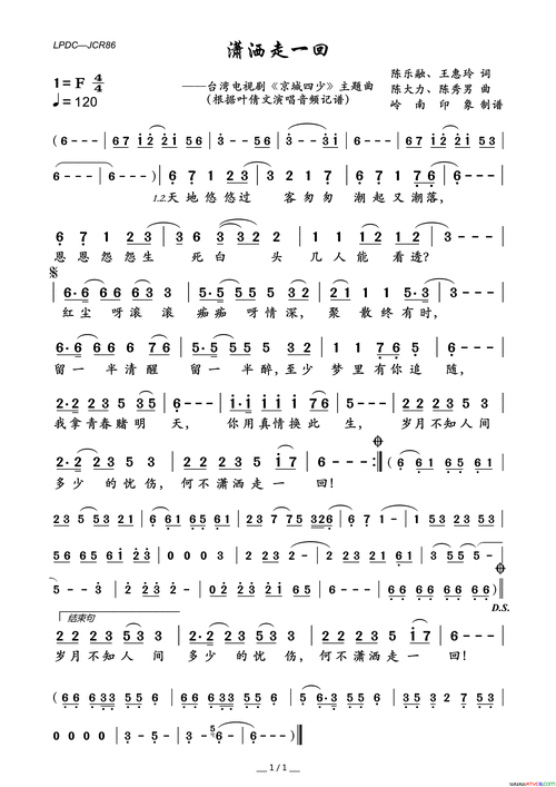 潇洒走一回台湾电视剧《京城四少》主题曲简谱-叶倩文演唱1