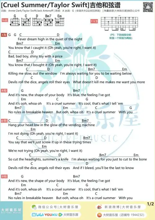 taylor swift - cruel summer( 大树音乐屋) [弹唱] 吉他谱