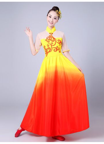 演出服长裙广场舞成人女扇子舞现代舞蹈服飘逸 红加黄180度立领中单层