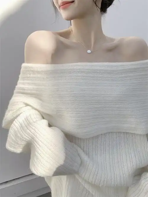 一字肩毛衣女港味性感锁骨露肩长袖上衣慵懒冬季设计感红色针织衫