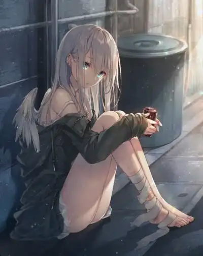 二次元 少女 银发 蓝瞳 天使翅膀 绷带 唯美