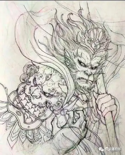 我是雕刻师,一组孙悟空纹身素描雕刻手稿欣赏