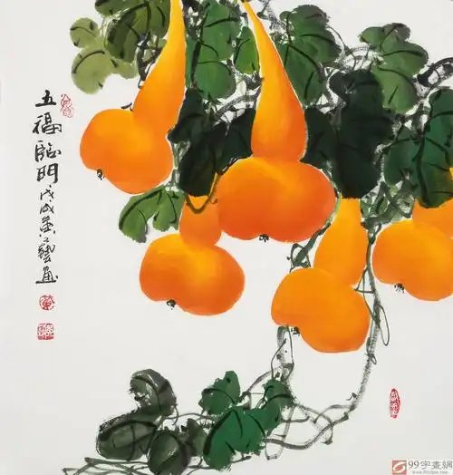 黄艺三尺斗方招财辟邪葫芦画《五福临门》