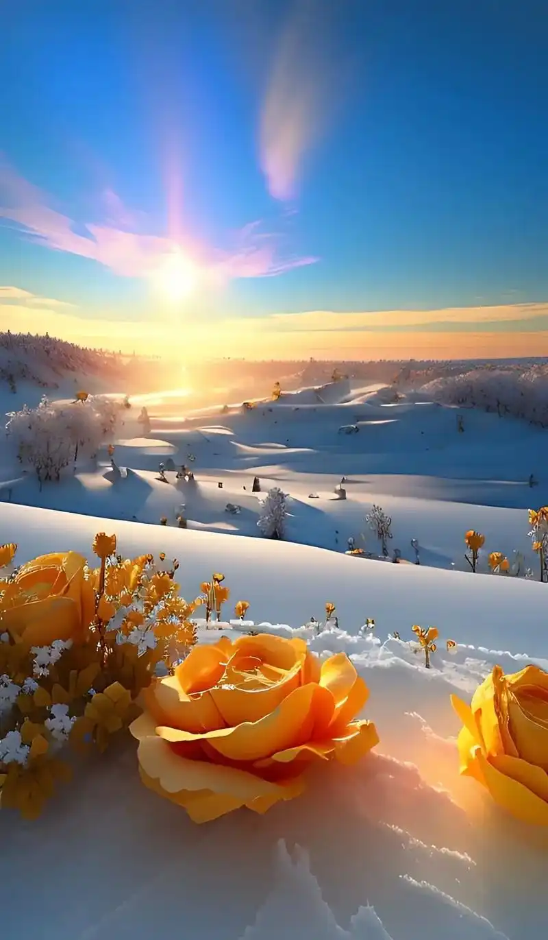 明亮的阳光,晴朗的天空,几朵黄色的和淡兰色的玫瑰花在雪地里绽 - 抖