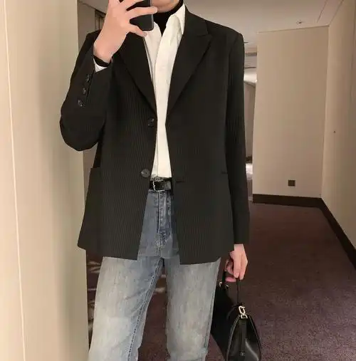 阿茶与阿古黑色条纹西装外套男韩版潮流秋季宽松男士帅气休闲西服