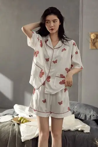 黛梦思2021年新款夏季睡衣女冰丝短袖薄款简约甜美家居服套装