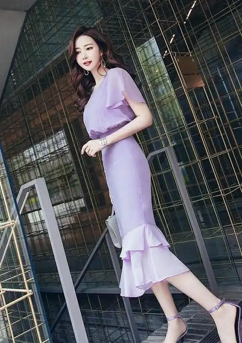 修身过膝雪纺气质裙大裙摆女神范十足