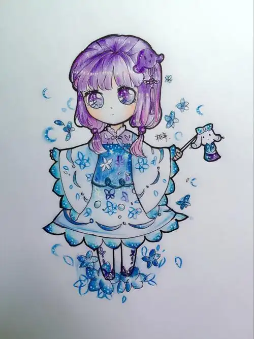 手绘彩铅q版双莲